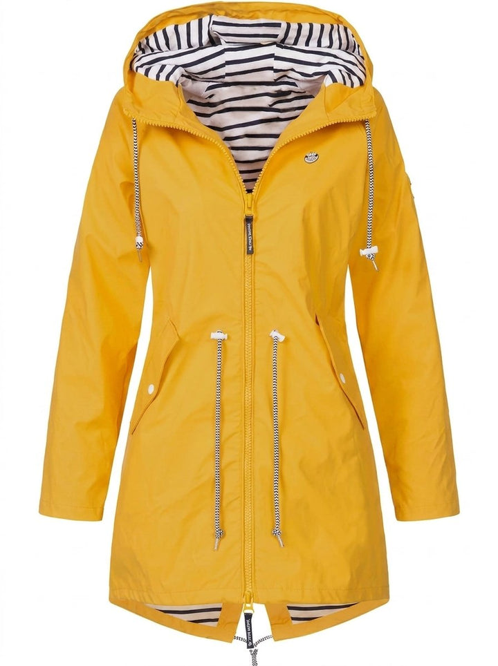 Women's Hooded Lightweight Drawstring Waterproof Rain Coat - Yellow