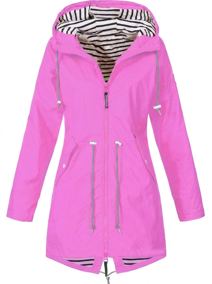 Women's Hooded Lightweight Drawstring Waterproof Rain Coat - Pink