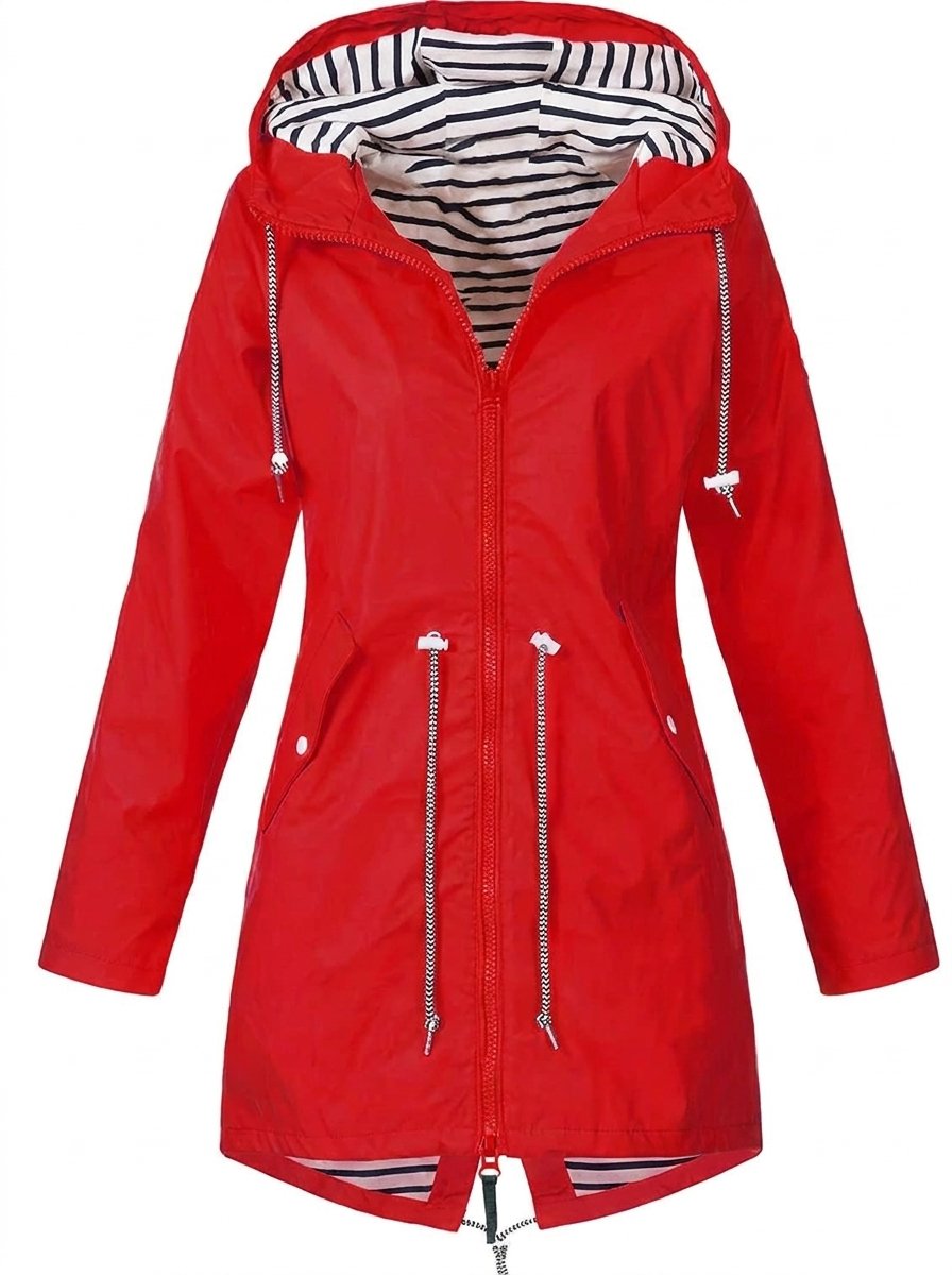 Women's Hooded Lightweight Drawstring Waterproof Rain Coat - Red