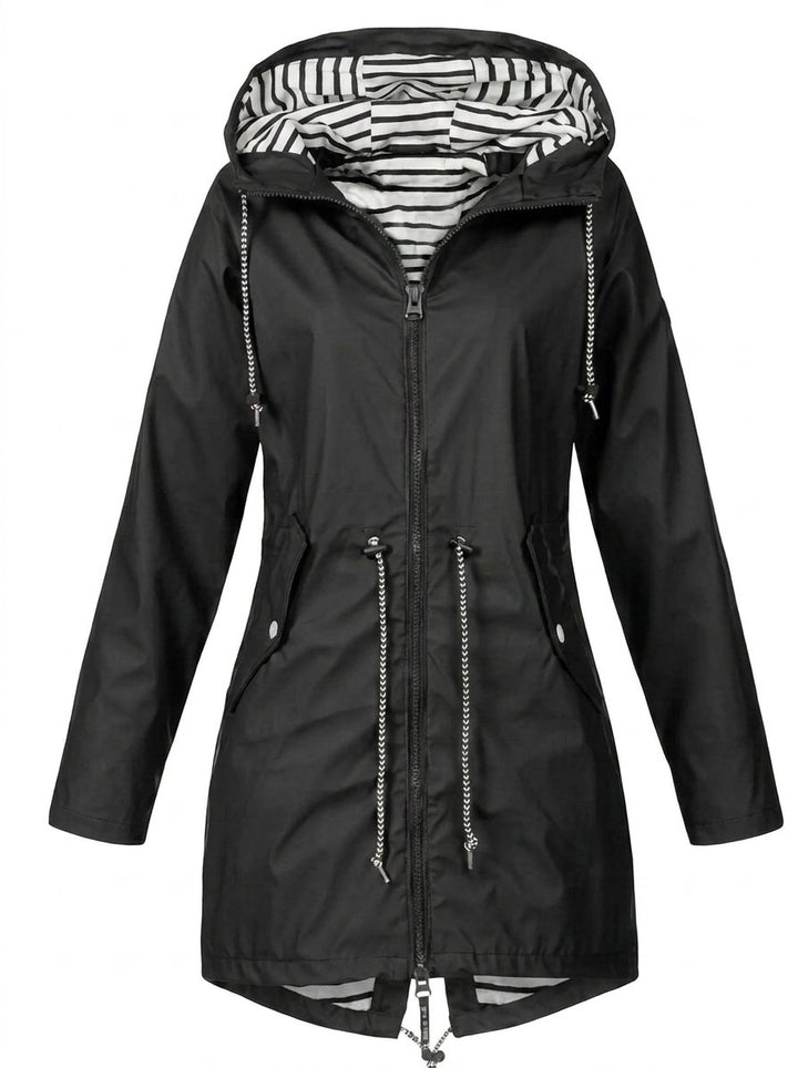 Women's Hooded Lightweight Drawstring Waterproof Rain Coat - Black