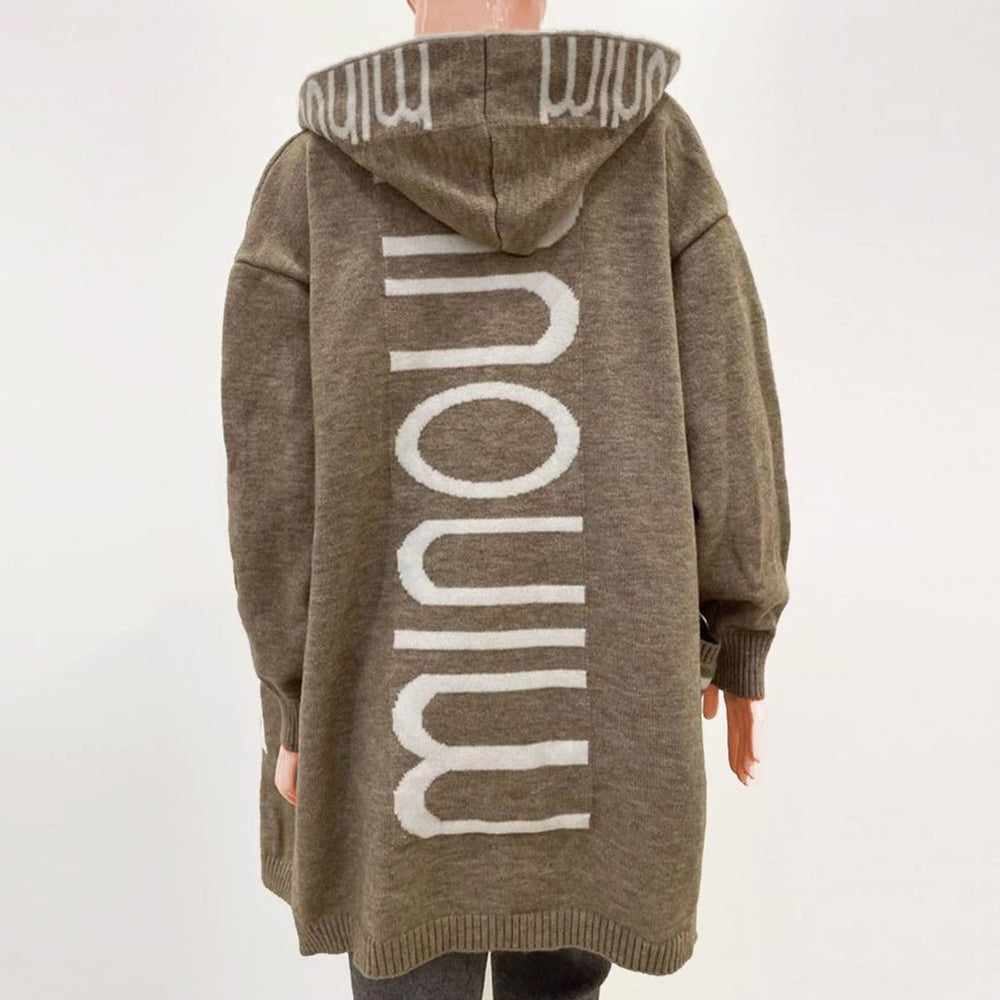 Women's Hooded Open-Front Knit Cardigan Sweater Letter Print