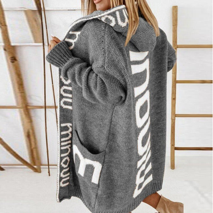 Women's Hooded Open-Front Knit Cardigan Sweater Letter Print - Gray