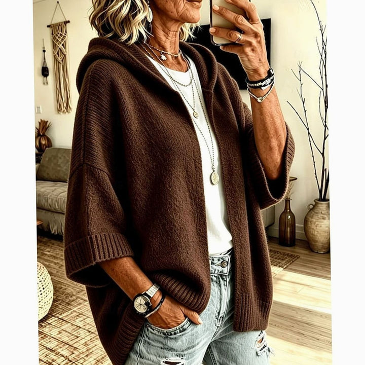 Women's Hooded Open-Front Relaxed-Fit Knit Cardigan - Coffee