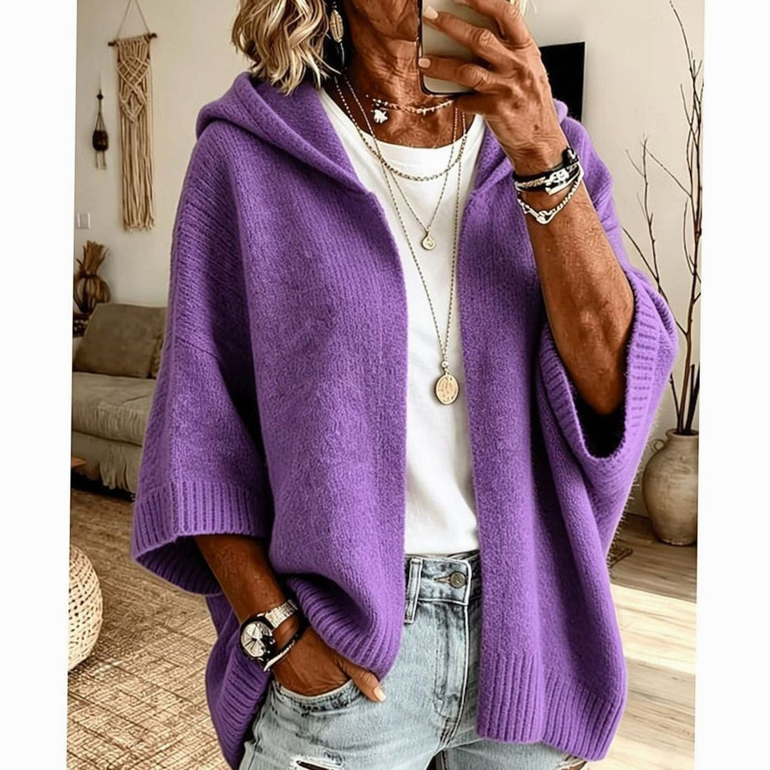 Women's Hooded Open-Front Relaxed-Fit Knit Cardigan - Purple