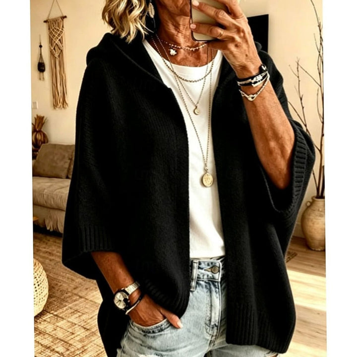 Women's Hooded Open-Front Relaxed-Fit Knit Cardigan - Black