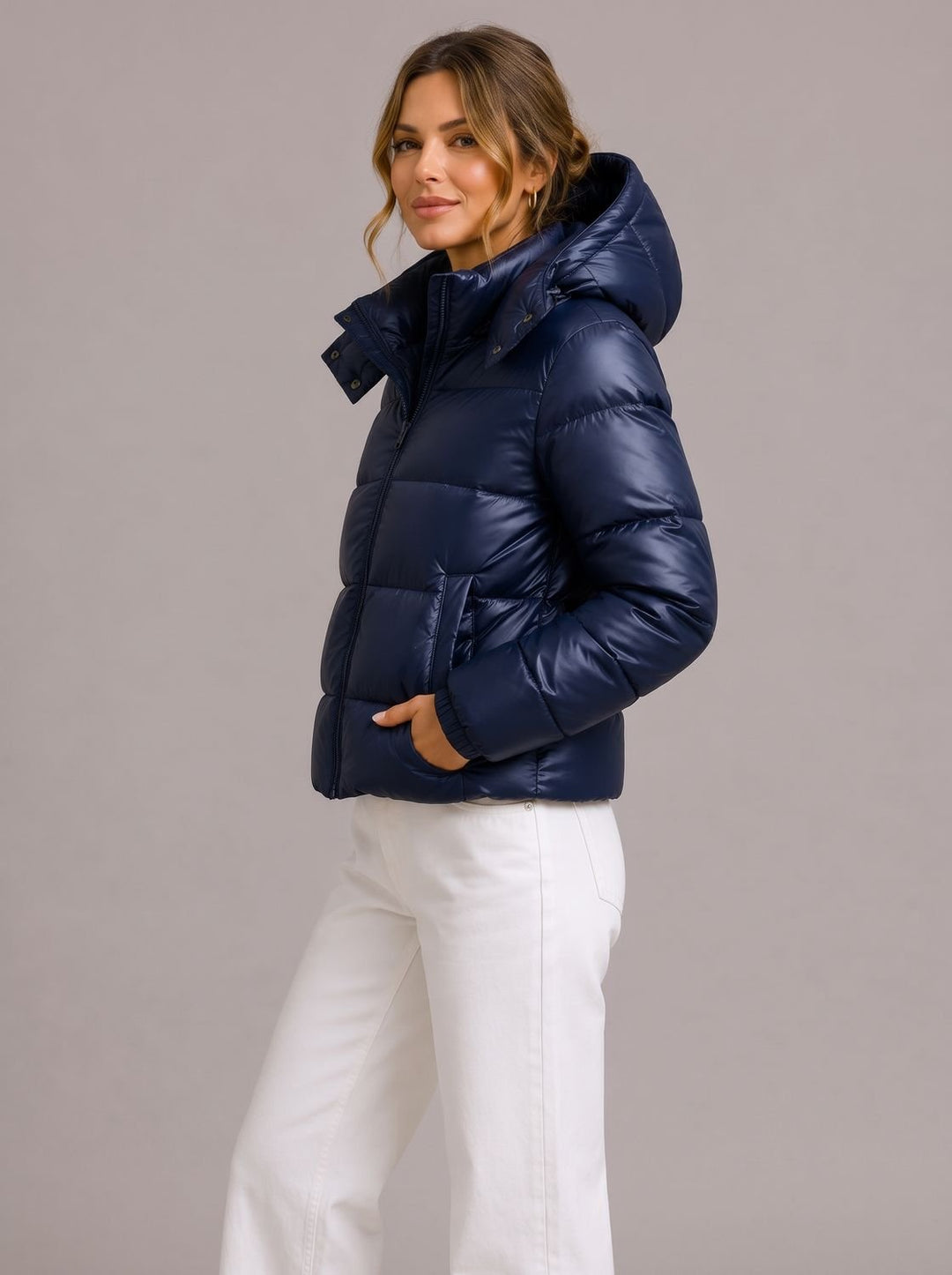Women's Hooded Puffer Jacket Lightweight Quilted Winter Coat - Navy