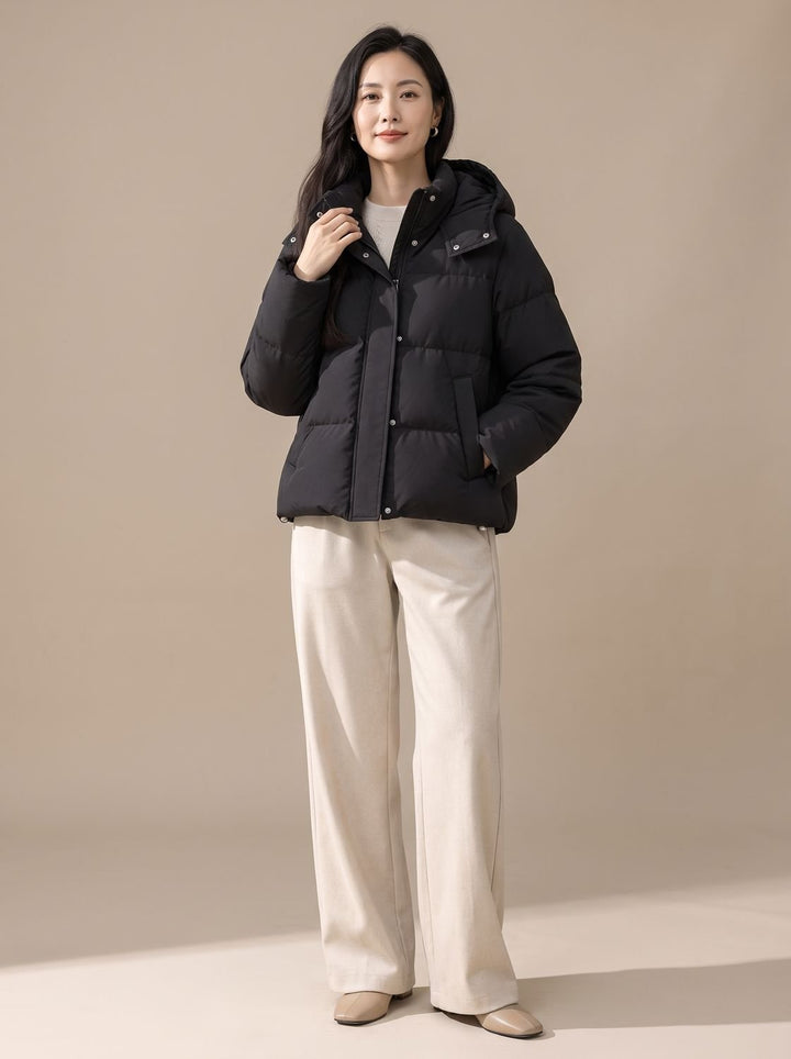 Women's Hooded Quilted Down Puffer Jacket Loose Fit - Classic Black