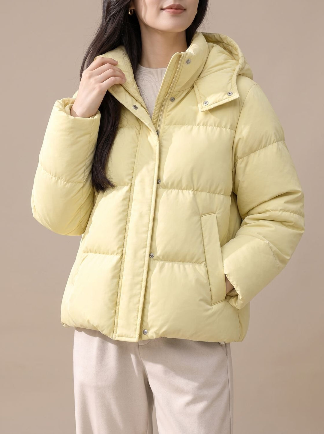 Women's Hooded Quilted Down Puffer Jacket Loose Fit - Creamy Yellow