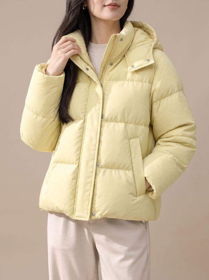 Women's Hooded Quilted Down Puffer Jacket Loose Fit - Creamy Yellow