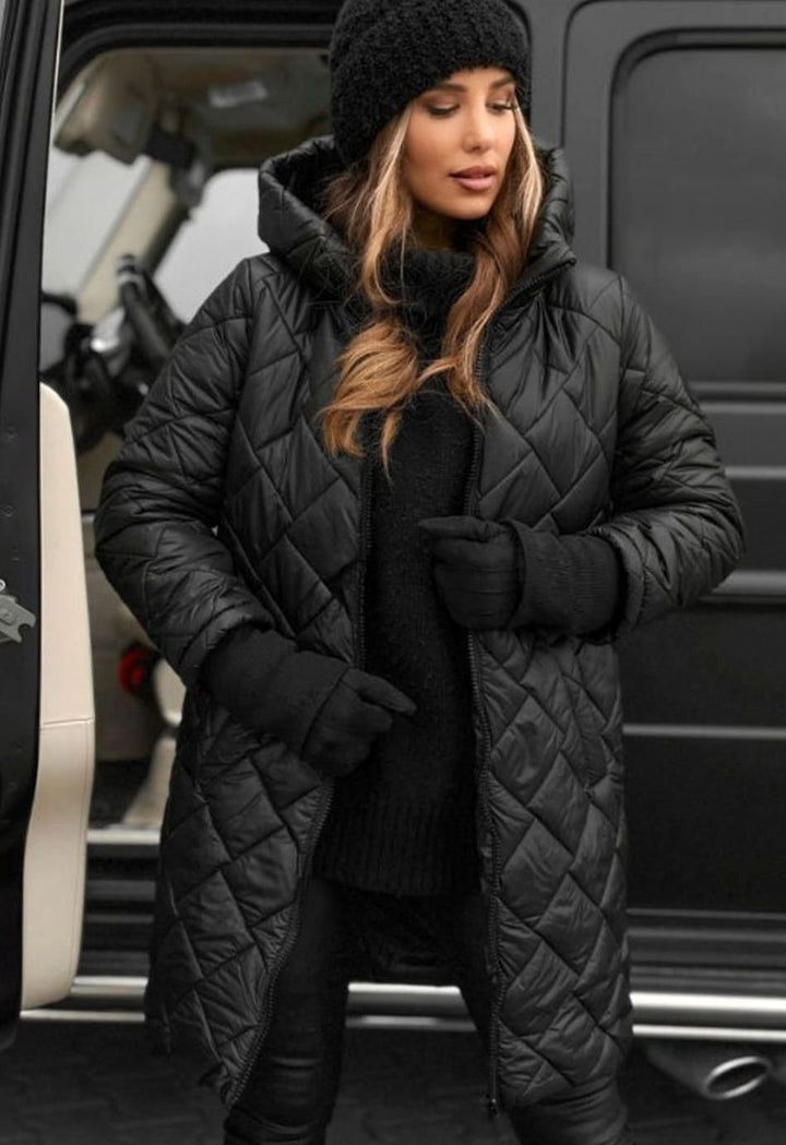 Women's Hooded Quilted Longline Puffer Jacket - Black