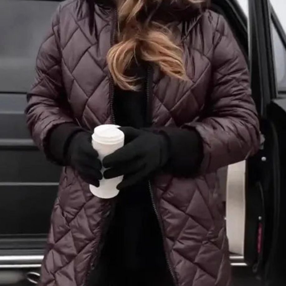Women's Hooded Quilted Longline Puffer Jacket - Coffee