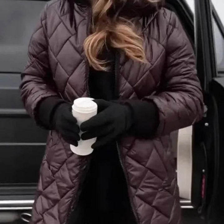 Women's Hooded Quilted Longline Puffer Jacket - Coffee
