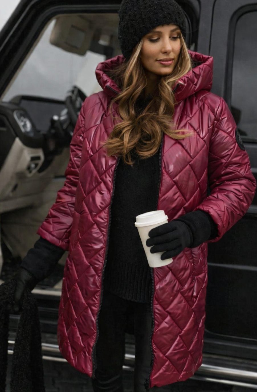 Women's Hooded Quilted Longline Puffer Jacket - Red