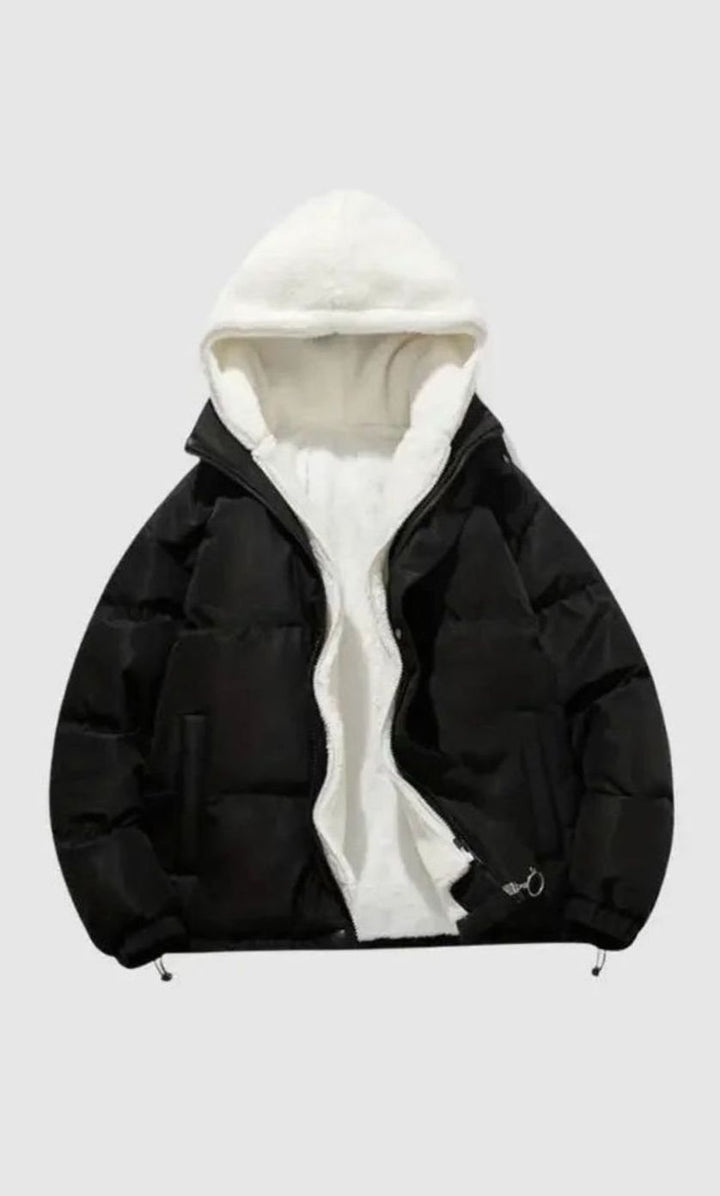 Women's Hooded Quilted Puffer Coat Fleece-Lined Winter Jacket - Black