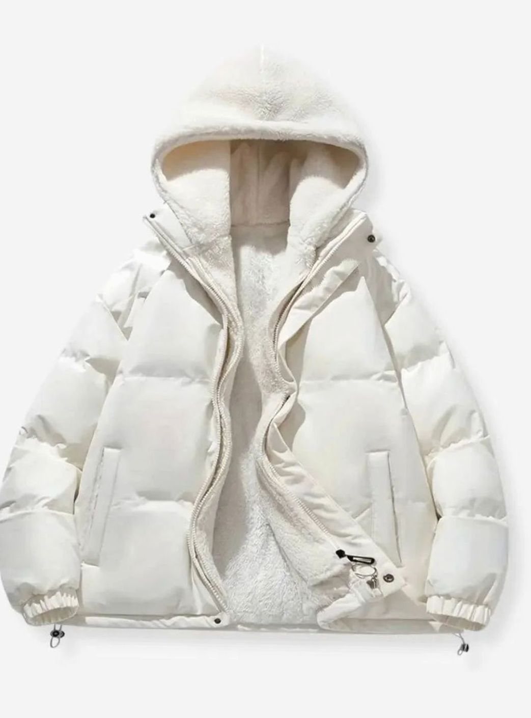 Women's Hooded Quilted Puffer Coat Fleece-Lined Winter Jacket - White