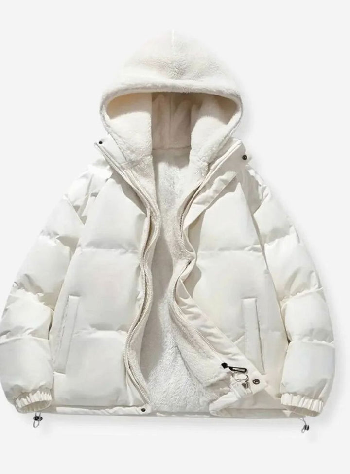 Women's Hooded Quilted Puffer Coat Fleece-Lined Winter Jacket - White
