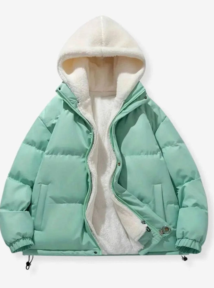 Women's Hooded Quilted Puffer Coat Fleece-Lined Winter Jacket - Mint Green