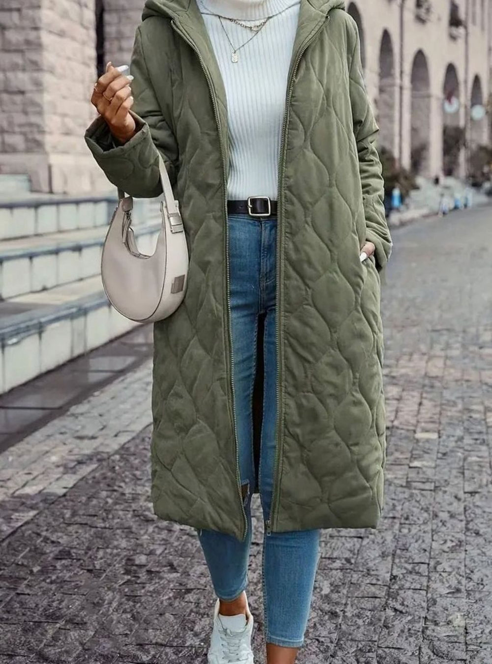 Women's Hooded Quilted Puffer Jacket Long Zip-Up Coat