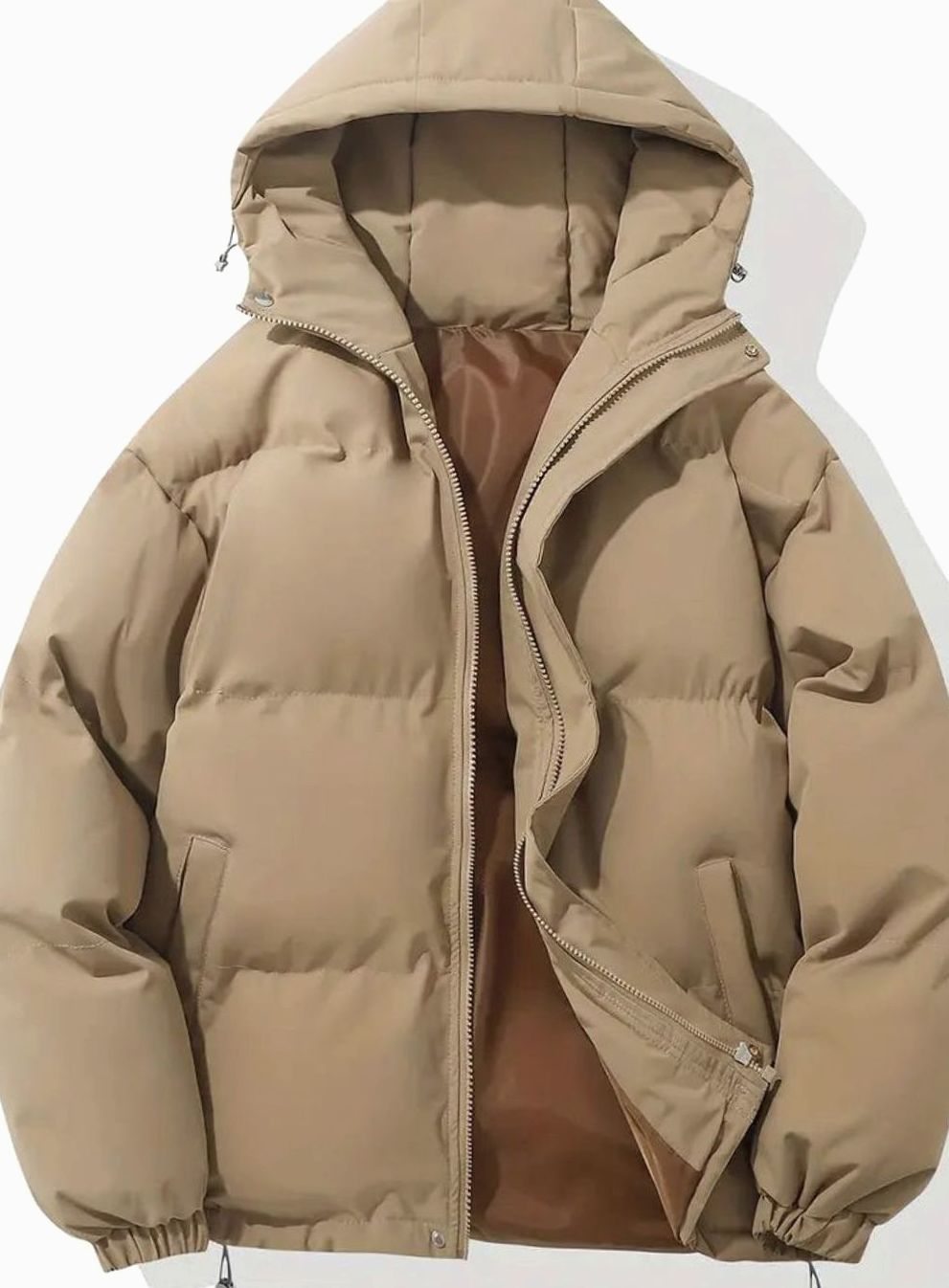 Women's Hooded Quilted Puffer Jacket Zip-Up Drawstring - Khaki