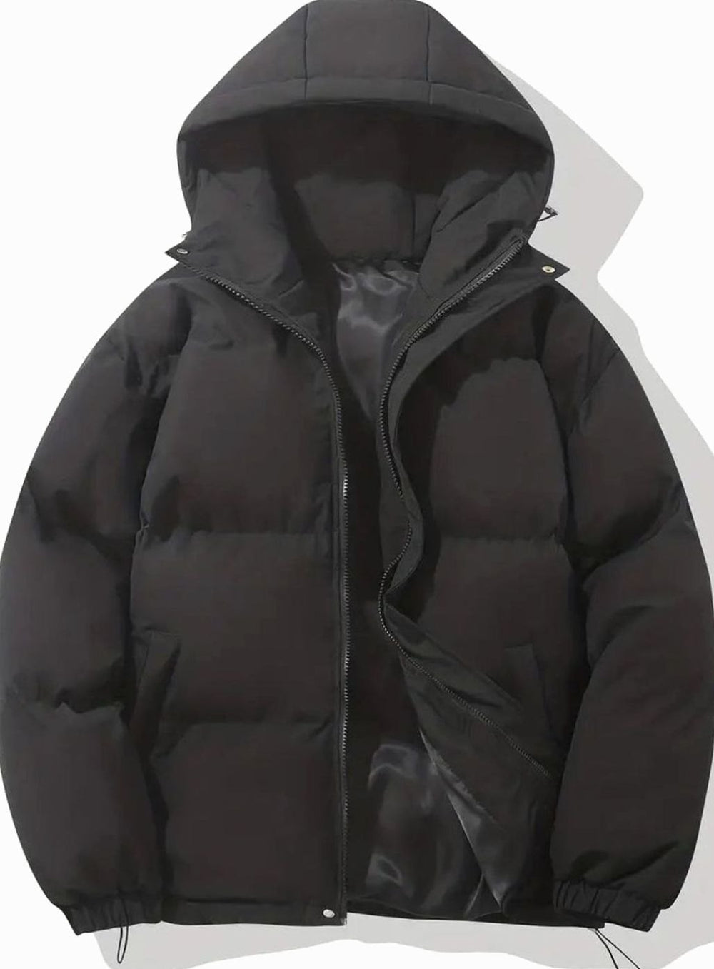 Women's Hooded Quilted Puffer Jacket Zip-Up Drawstring - Black