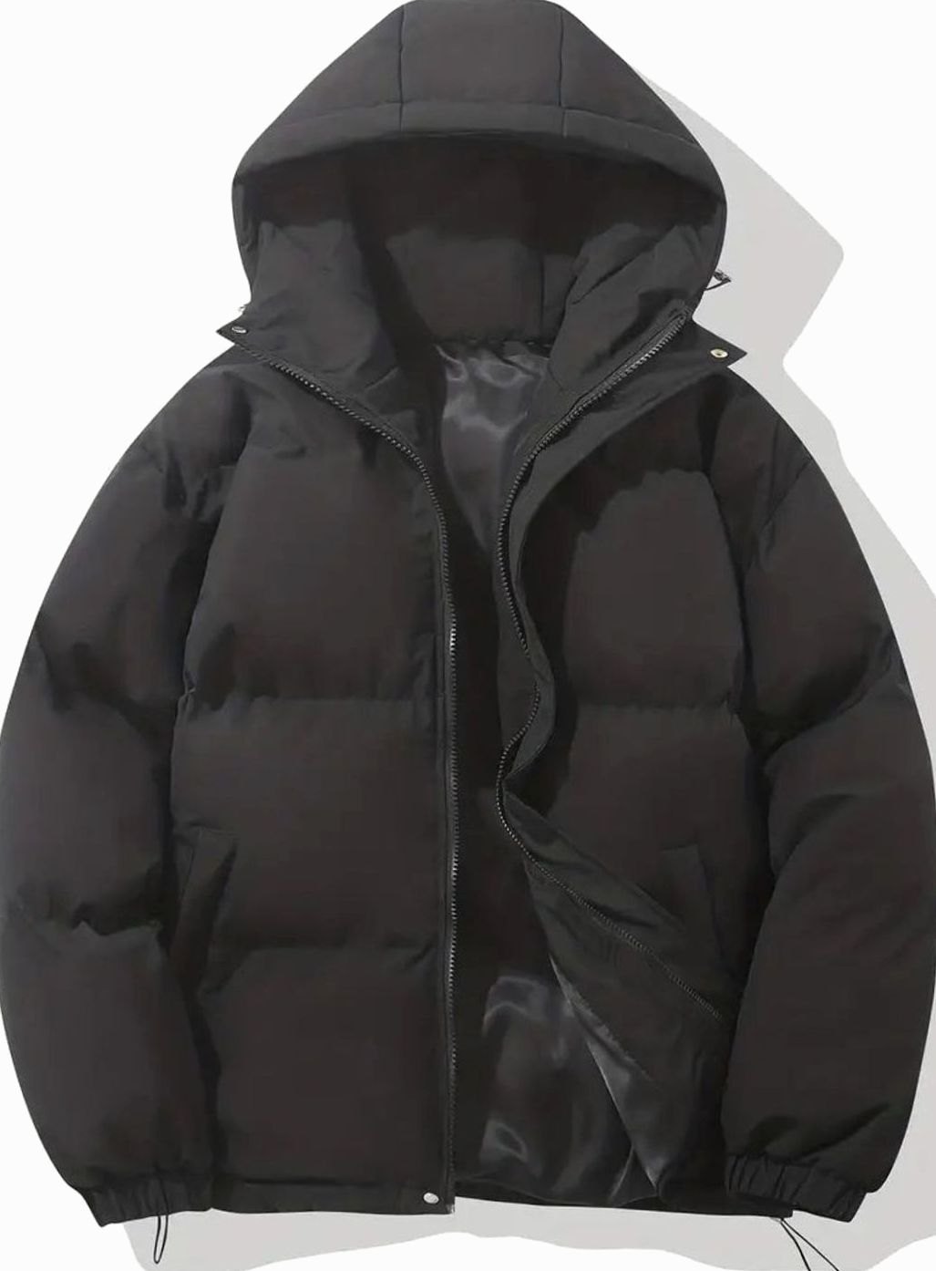 Women's Hooded Quilted Puffer Jacket Zip-Up Drawstring - Black