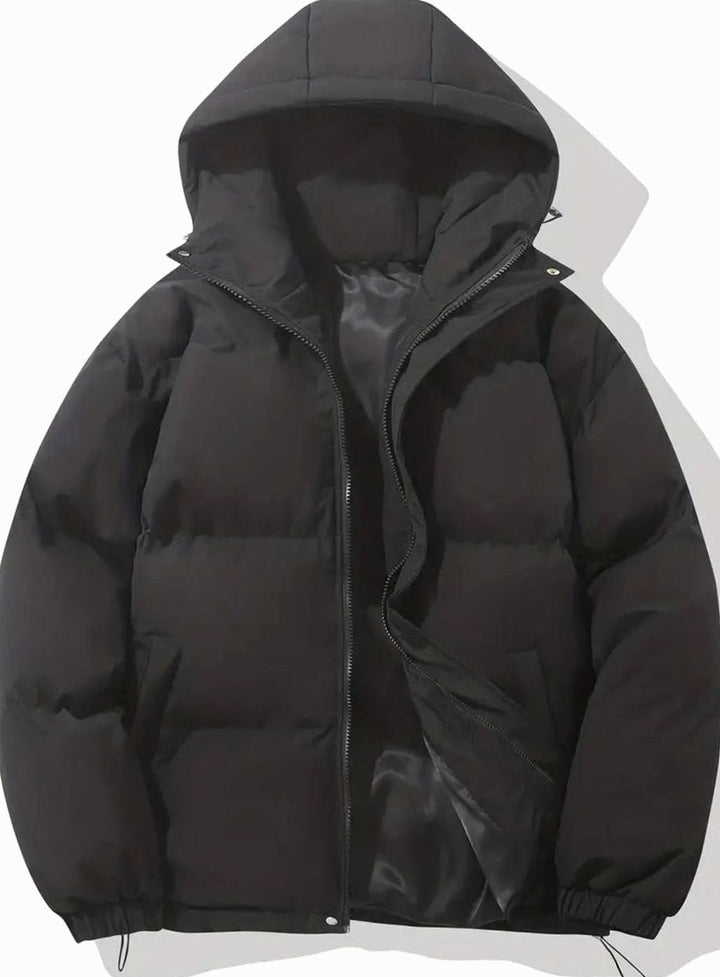 Women's Hooded Quilted Puffer Jacket Zip-Up Drawstring - Black