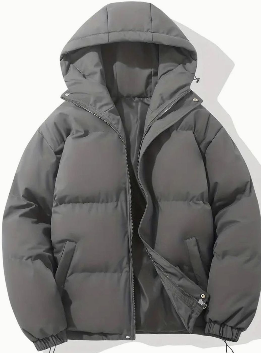 Women's Hooded Quilted Puffer Jacket Zip-Up Drawstring - Dark Gray