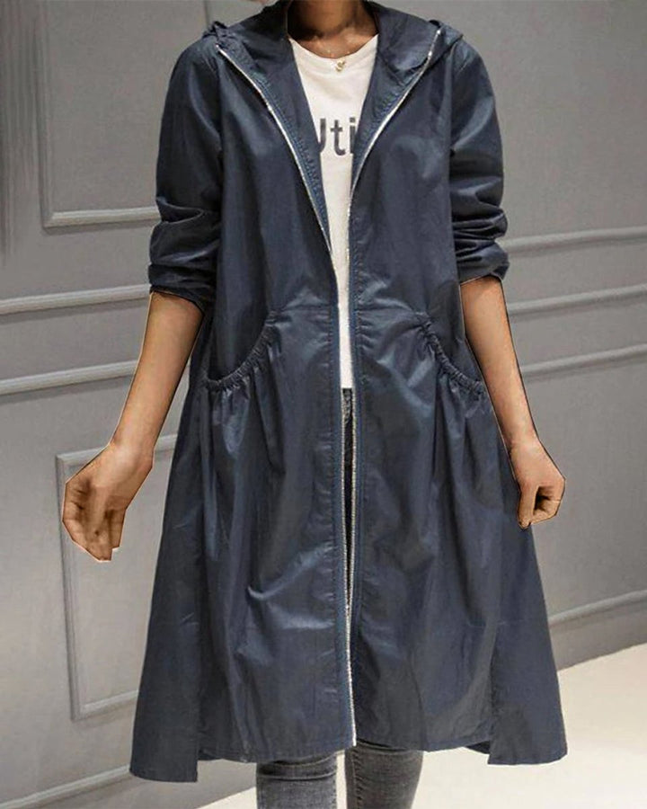 Women's Hooded Waterproof Long-Line Zip-Up Trench Coat - Navy Blue