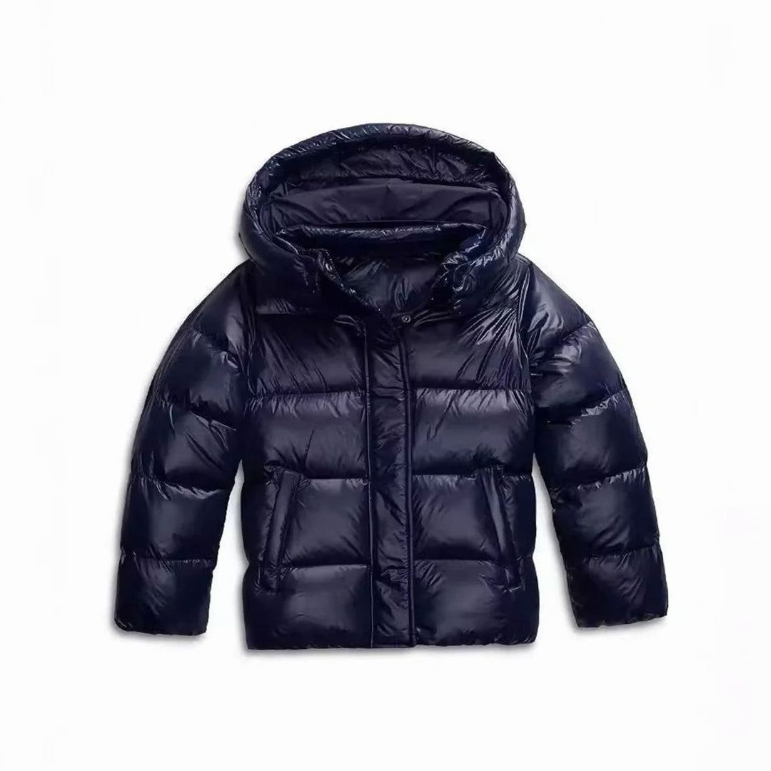 Women's Hooded Windproof Cropped Puffer Winter Coat - Navy Blue