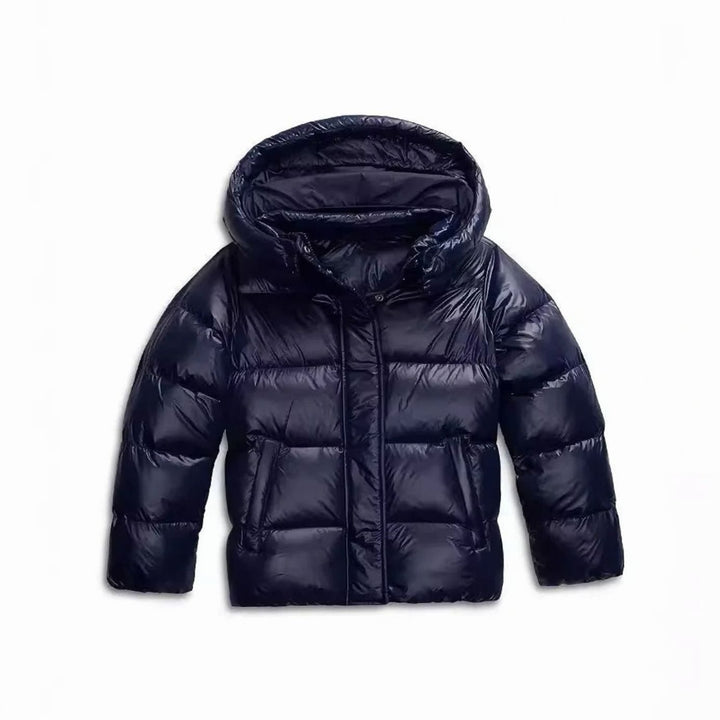 Women's Hooded Windproof Cropped Puffer Winter Coat - Navy Blue