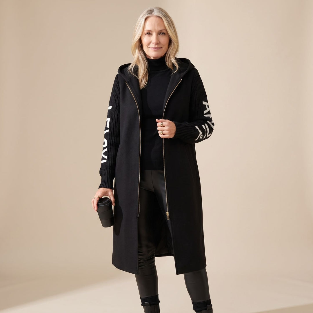 Women's Hooded Wool Coat Knit Contrast-Sleeve Longline Jacket