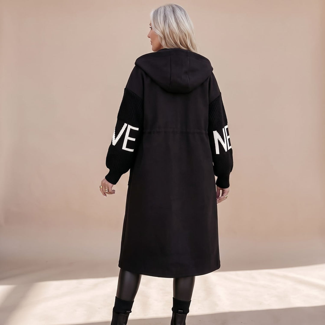 Women's Hooded Wool Coat Knit Contrast-Sleeve Longline Jacket