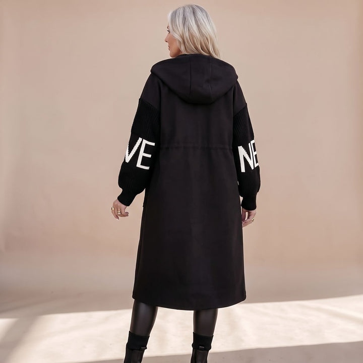 Women's Hooded Wool Coat Knit Contrast-Sleeve Longline Jacket