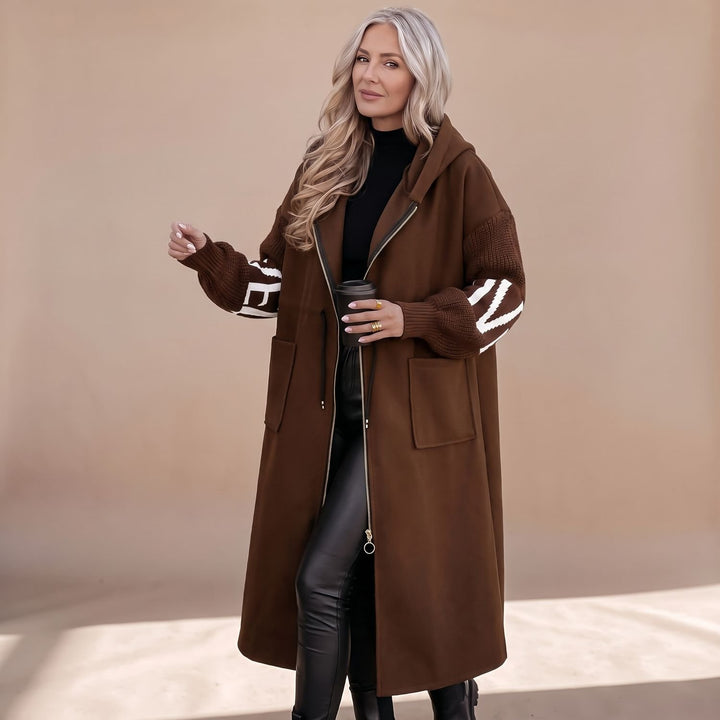 Women's Hooded Wool Coat Knit Contrast-Sleeve Longline Jacket - Brown