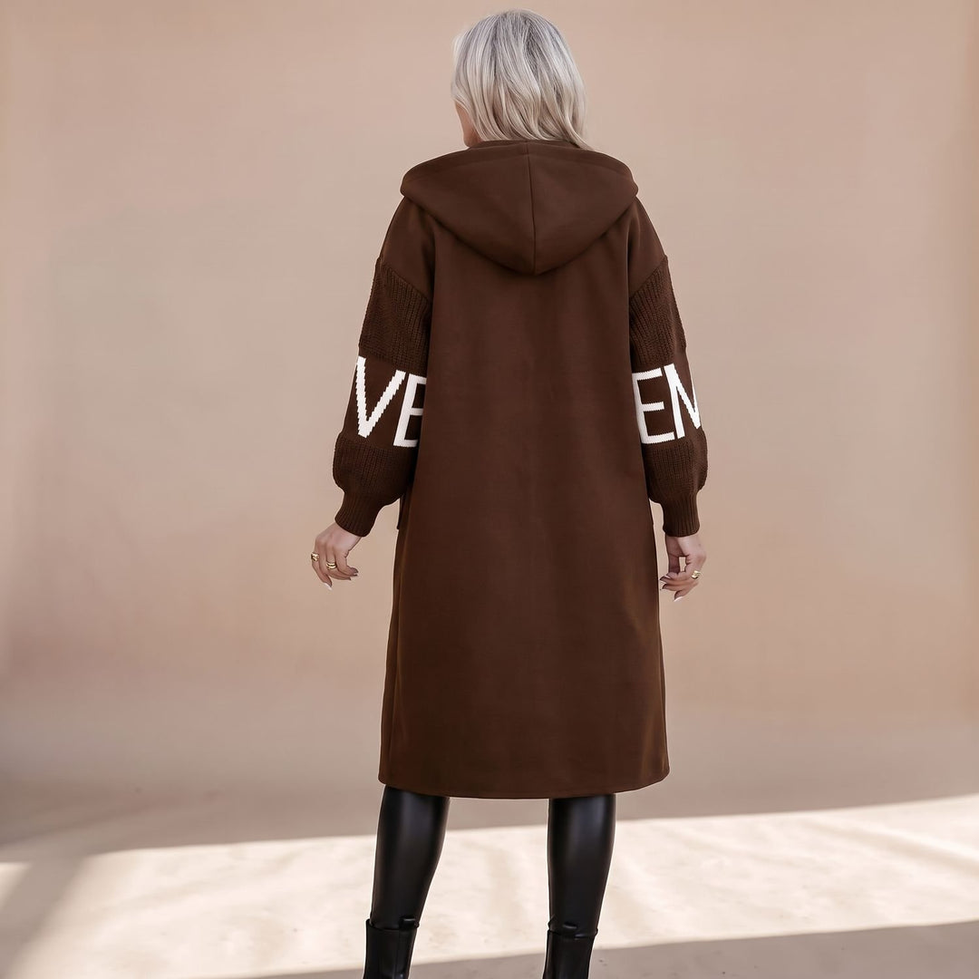 Women's Hooded Wool Coat Knit Contrast-Sleeve Longline Jacket