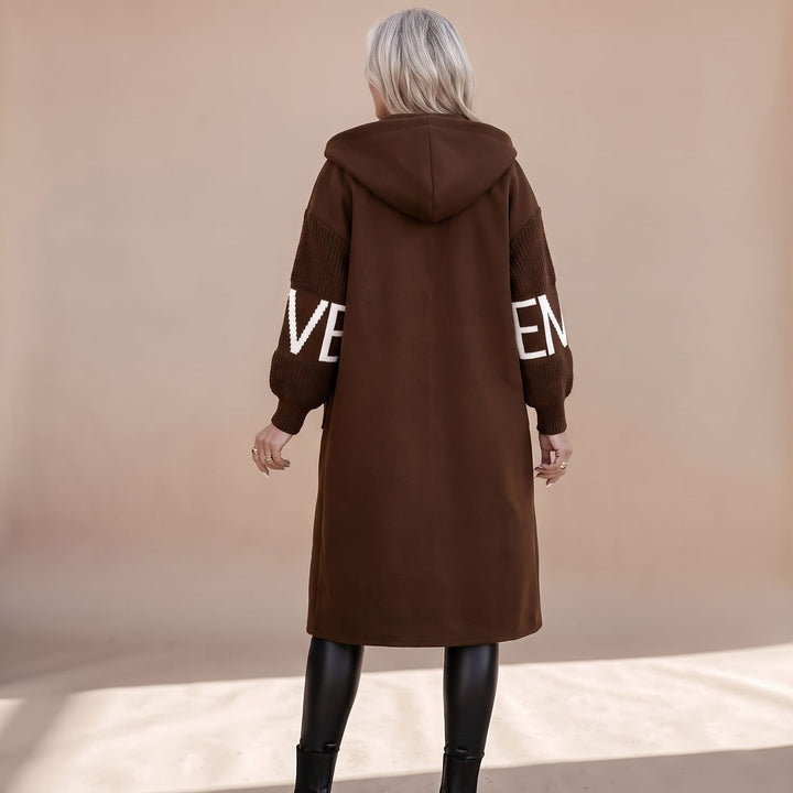 Women's Hooded Wool Coat Knit Contrast-Sleeve Longline Jacket