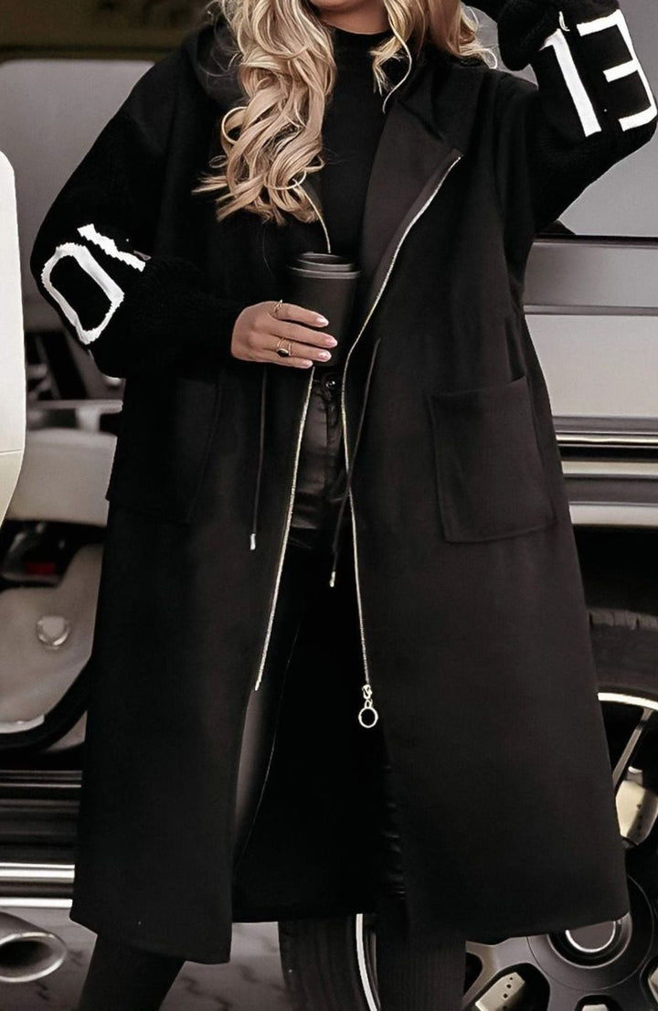 Women's Hooded Wool Coat Knit Contrast-Sleeve Longline Jacket - Black