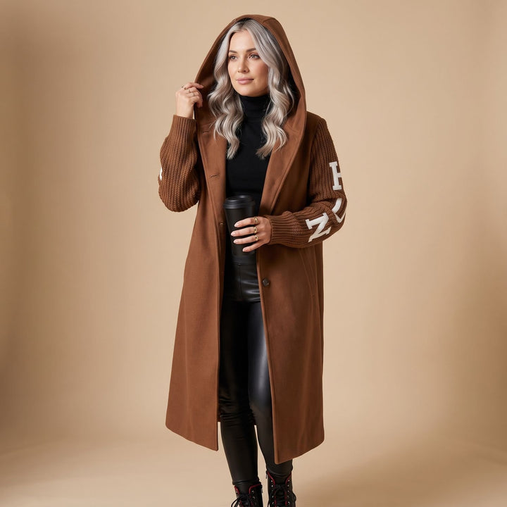 Women's Hooded Wool Coat Knit Contrast-Sleeve Longline Jacket