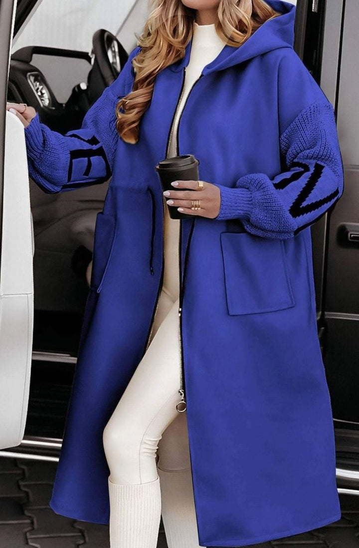 Women's Hooded Wool Coat Knit Contrast-Sleeve Longline Jacket - Blue
