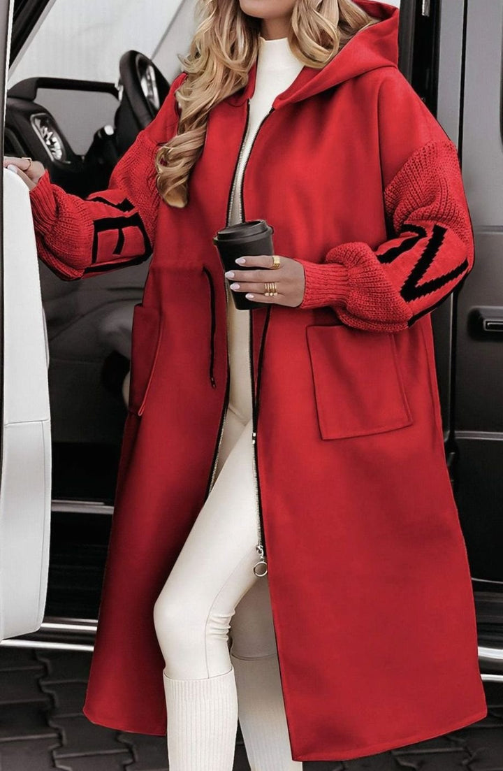 Women's Hooded Wool Coat Knit Contrast-Sleeve Longline Jacket - Red