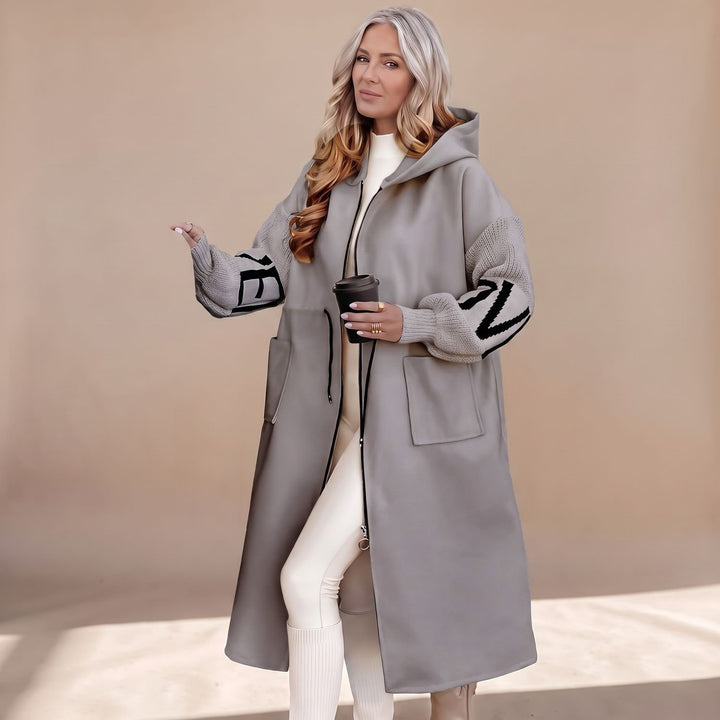 Women's Hooded Wool Coat Knit Contrast-Sleeve Longline Jacket - Gray