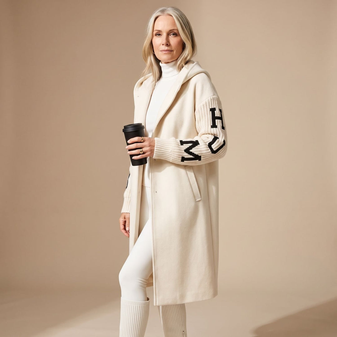 Women's Hooded Wool Coat Knit Contrast-Sleeve Longline Jacket - White
