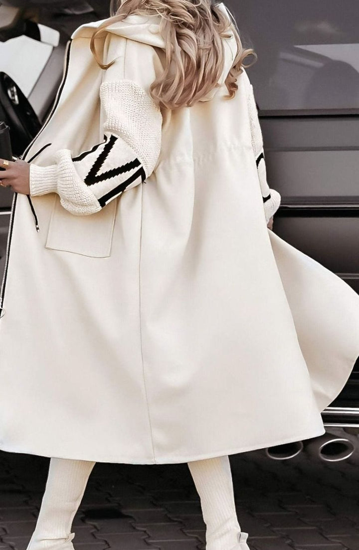 Women's Hooded Wool Coat Knit Contrast-Sleeve Longline Jacket