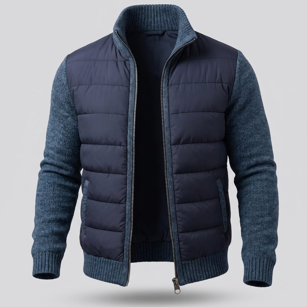 Women's Hybrid Quilted Jacket Fleece Sleeve Full-Zip - Navy Blue
