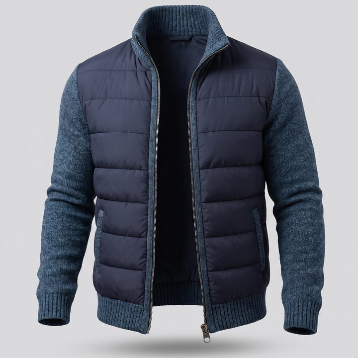 Women's Hybrid Quilted Jacket Fleece Sleeve Full-Zip - Navy Blue