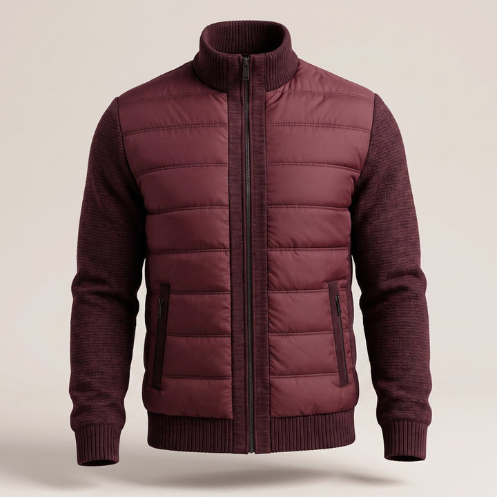 Women's Hybrid Quilted Jacket Fleece Sleeve Full-Zip - Burgundy