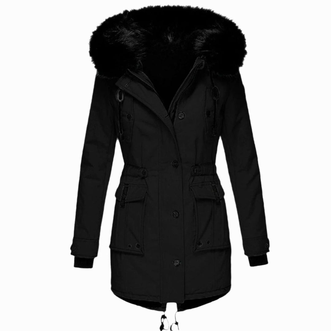 Women's Insulated Faux Fur Hood Drawstring Waist Parka Coat - Black