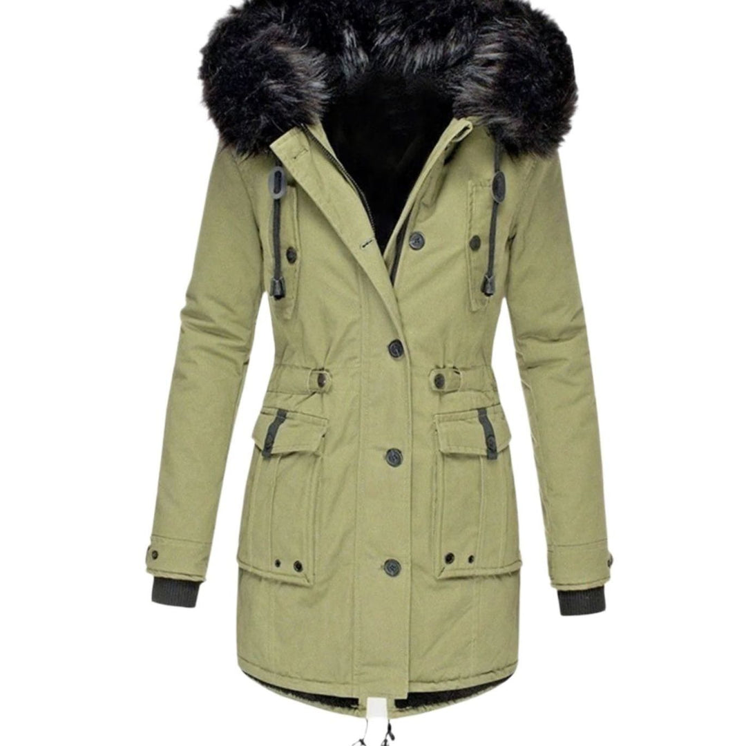 Women's Insulated Faux Fur Hood Drawstring Waist Parka Coat - Green
