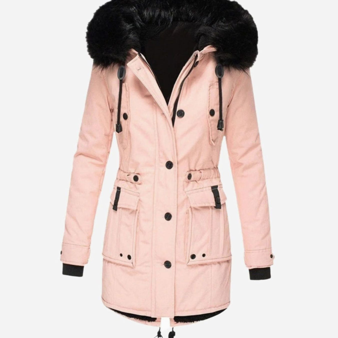 Women's Insulated Faux Fur Hood Drawstring Waist Parka Coat - Pink