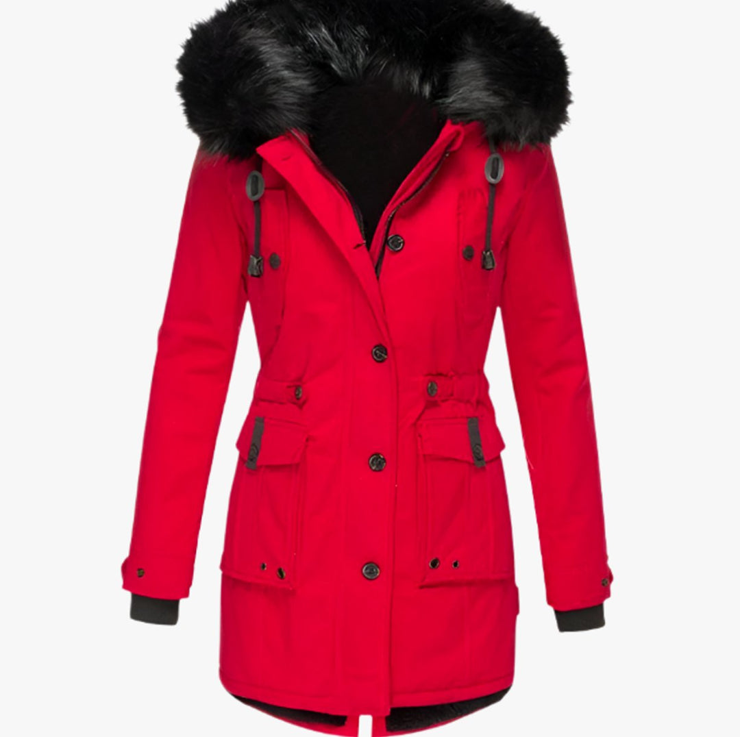 Women's Insulated Faux Fur Hood Drawstring Waist Parka Coat - Red